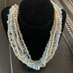 Ross & Simons Twisted Fresh Water Pearls and Aquamarine Multi Strand Necklace